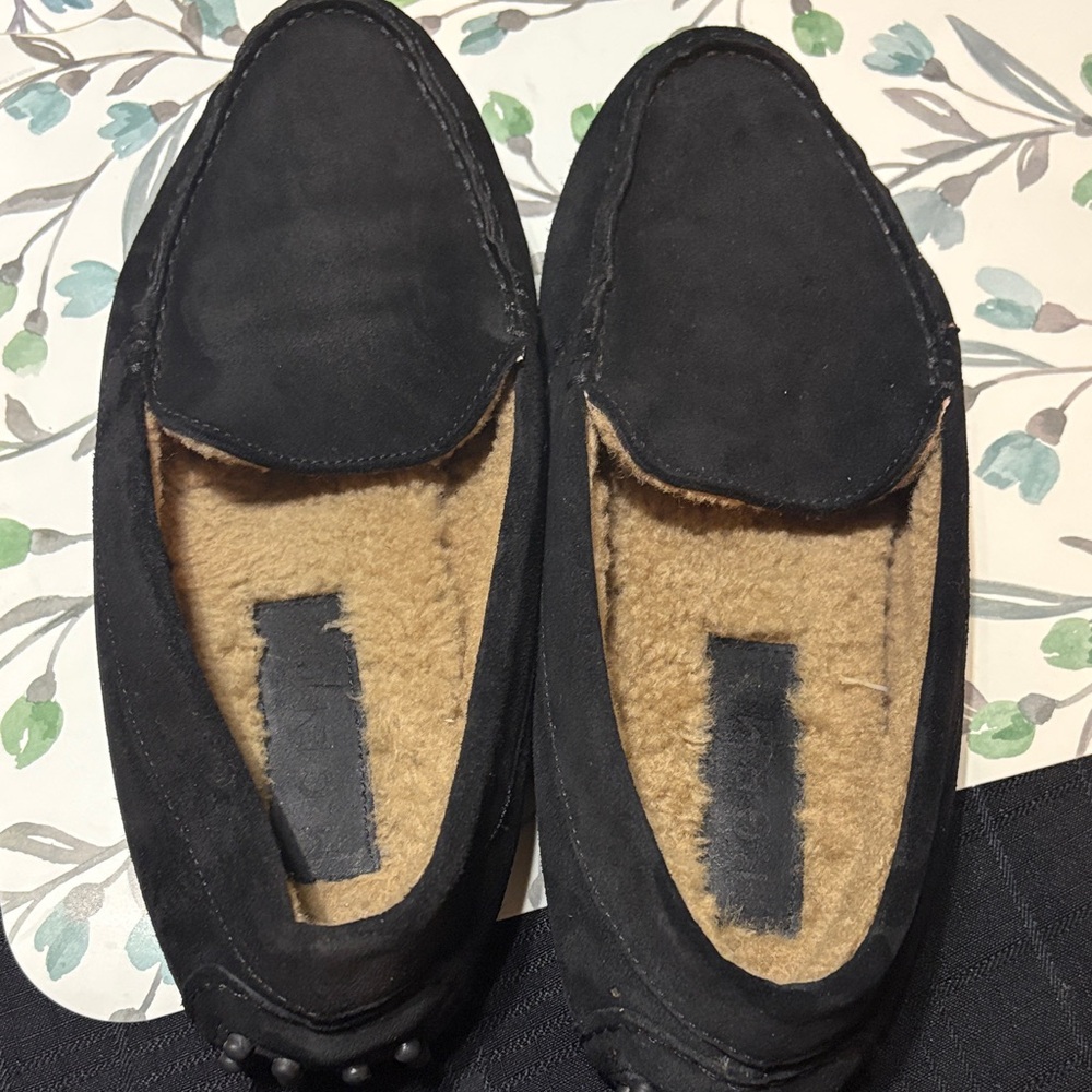 Men's Black Suede Slip-On Loafers with Tan Shearling Lining